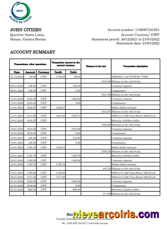 Guinea-Bissau Banco da Uniao bank statement xls
